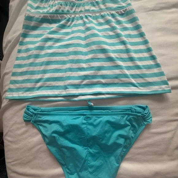 Mossimo Supply Co. Turquoise & White Striped Swim Tankini with Solid Bottom - Picture 3 of 3